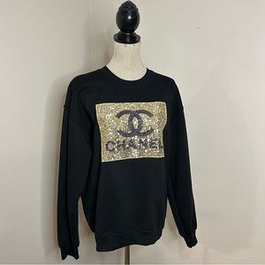 Designer-ish black sweatshirt, sequin chanel – Size S *Size tag has been removed